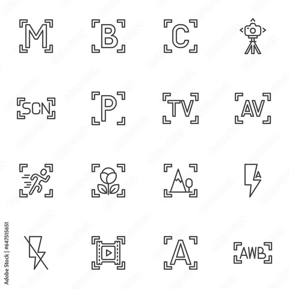 Poster camera setup buttons line icons set