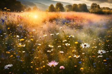Obraz na płótnie Canvas sunset in the flowers field