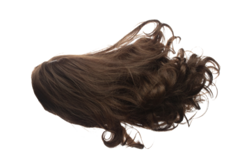 Curl Wig hair style fly fall explosion. Curly brunette woman wig hair float in mid air. Wave curl wig hair extension wind blow cloud throw. White background isolated high speed freeze motion
