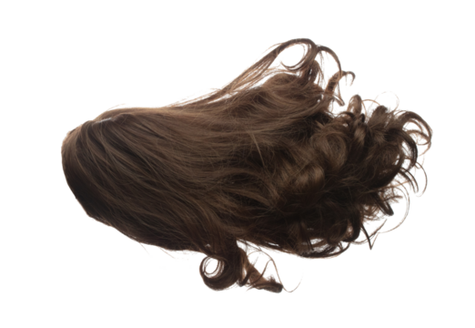 Curl Wig hair style fly fall explosion. Curly brunette woman wig hair float in mid air. Wave curl wig hair extension wind blow cloud throw. White background isolated high speed freeze motion