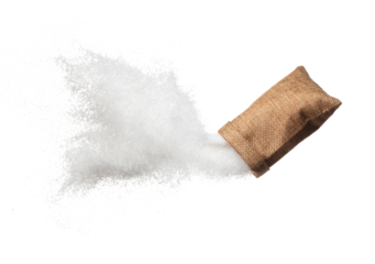 Pure Refined Sugar flying explosion, white crystal sugar abstract cloud fly. Pure refined sugar splash stop in air, food object design. white background isolated high speed freeze motion