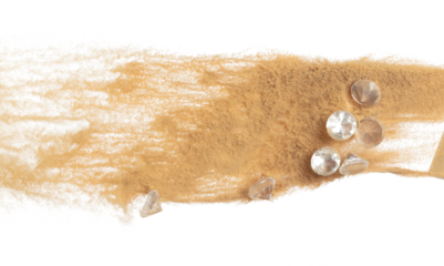 Diamond crystal fly splashing in mid air. Diamond precious stone explosion flying with sand powder dust under dry sun. White background isolated high speed shutter freeze motion