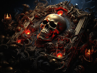 Dark One's Book Screenshot: Intricate, Bizarre, Hyperrealistic Illustrations with Structured Chaos, Skull Motifs, Light Red and Amber - Epic Fantasy Scenes