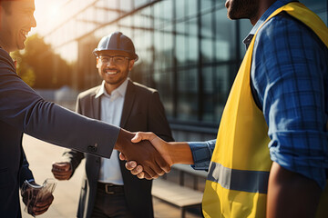 Two professionals, an engineer and a businessman, firmly shake hands at a bustling construction site. Generated with AI