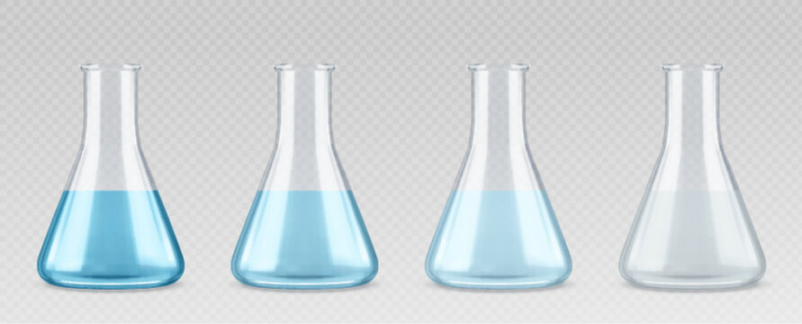 Laboratory blue liquid experiment in glass beaker realistic 3d test equipment set. Fluid chemical reaction in erlenmeyer glassware for concentration color analysis. Measuring research container