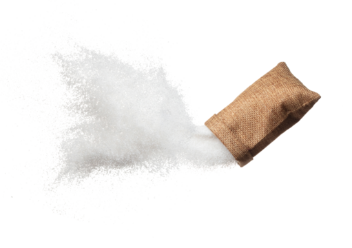 Pure Refined Sugar flying explosion, white crystal sugar abstract cloud fly. Pure refined sugar splash stop in air, food object design. white background isolated high speed freeze motion