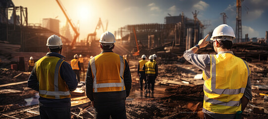 A group of civil engineers, dressed in safety vests and helmets, stands on a road construction site.Generated with AI - obrazy, fototapety, plakaty