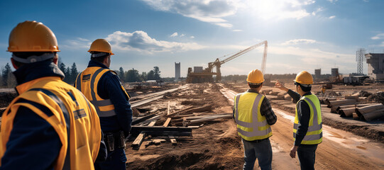 A group of civil engineers, dressed in safety vests and helmets, stands on a road construction site.Generated with AI