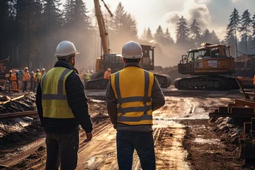 Foto op Canvas A group of civil engineers, dressed in safety vests and helmets, stands on a road construction site.Generated with AI © Chanwit