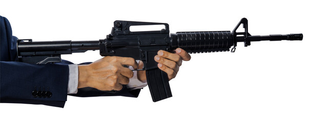 Hand Holding Automatic M 16 Machine Gun isolated on white background, Hand Holding Rifle Gun on White Background PNG File.