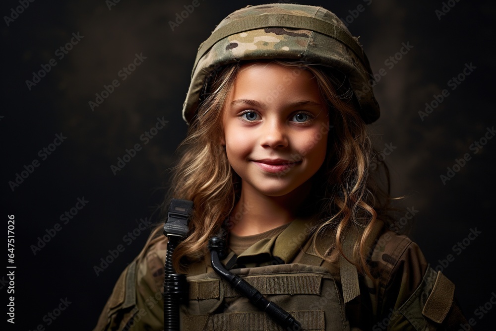 Wall mural Portrait of a beautiful little girl in a military uniform on a dark background