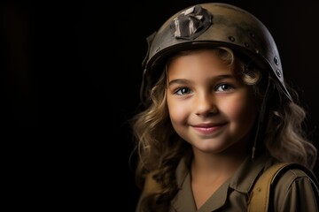Portrait of a beautiful little girl in a military uniform on a dark background