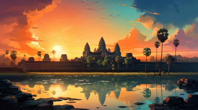 Angkor Wat Poster in the Evening with Blue Sky View  generative ai