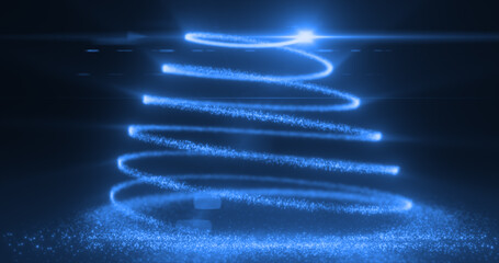 Abstract bright blue flying line of dots and luminous particles of energetic magical bright spirals in the shape of a Christmas New Year tree