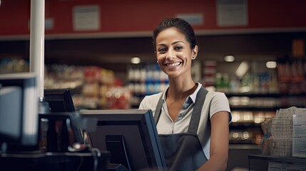 Beautiful smiling cashier working at grocery store,cashier