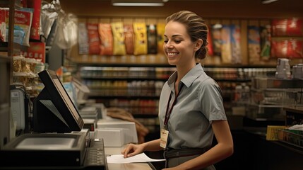 Beautiful smiling cashier working at grocery store,cashier