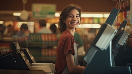 Beautiful smiling cashier working at grocery store,cashier - obrazy, fototapety, plakaty