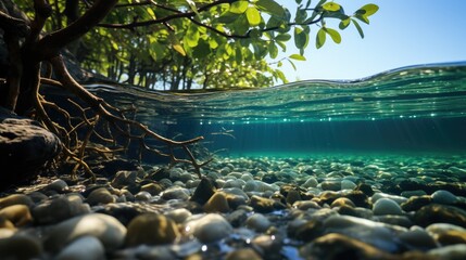 Like peering into a natural aquarium, the mangrove's world is unveiled. Above, branches bask in sunlight, while below, the roots weave through the clear brackish waters.