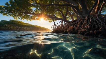 Like peering into a natural aquarium, the mangrove's world is unveiled. Above, branches bask in sunlight, while below, the roots weave through the clear brackish waters.