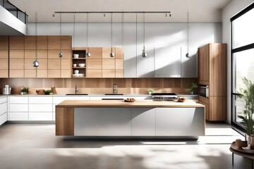 a minimalist kitchen with clean lines, stainless steel appliances, and a touch of natural wood.