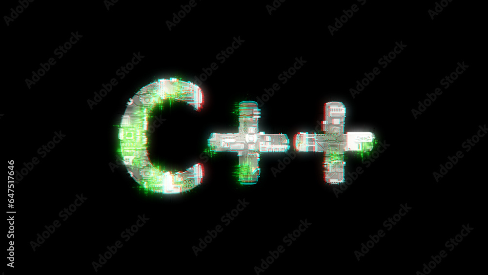 Poster glowing cybernetical text c++ on black - meta universe concept, isolated - object 3d illustration