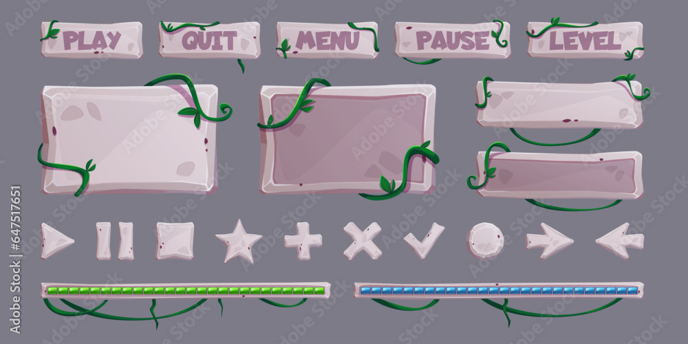 Poster stone gui elements with jungle vines and leaves - cartoon game user interface design buttons, score 