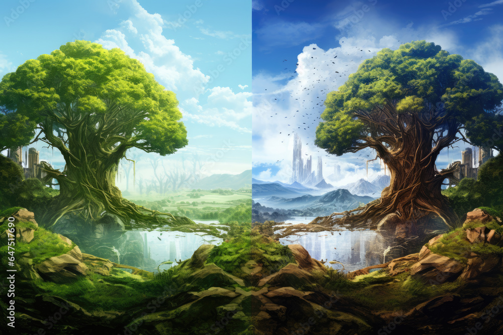 Poster beautiful painting depicting two tall trees in serene forest. perfect for adding touch of nature to 