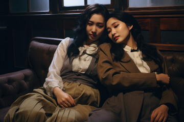 Fototapeta premium Picture of couple of women sitting on top of couch. Can be used to depict friendship, relaxation, or casual conversation.