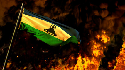 flag of Lesotho on burning fire backdrop - hard times concept - abstract 3D rendering