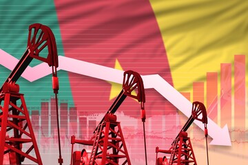 lowering down chart on Cameroon flag background - industrial illustration of Cameroon oil industry or market concept. 3D Illustration