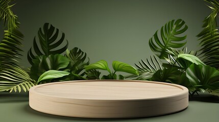 Cosmetics or beauty product promotion mockup. Natural wood step pedestal. Generative AI
