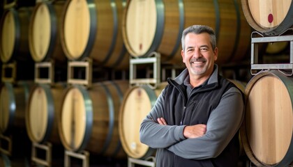 Smiling mature man posing in front of barrels of wine inside a local winery cellar