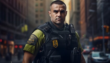 Fototapeta premium Portrait of a powerful and strong policeman in the city