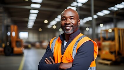 Portrait of a Proud and Joyful African American Factory worker wearing a work vest, celebrating his contribution to industrial excellence in a modern manufacturing facility