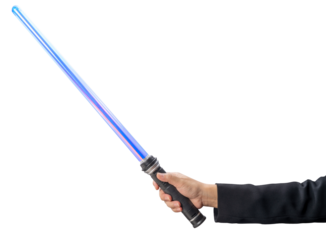 Strategy concept,Businessman Hand holding Darkblue Lightsaber on white background, Hand Holding reflective sword on White PNG File.