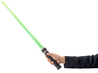 Strategy concept,Businessman Hand holding Green Lightsaber on white background, Hand Holding reflective sword on White PNG File.