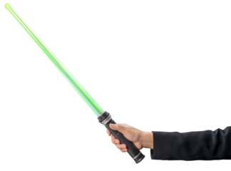 Strategy concept,Businessman Hand holding Green Lightsaber on white background, Hand Holding reflective sword on White PNG File.