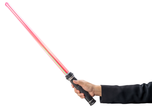 Strategy concept,Businessman Hand holding Red Lightsaber on white background, Hand Holding reflective sword on White PNG File.