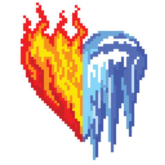 8 bit pixel fire and ice heart shaped vector illustration