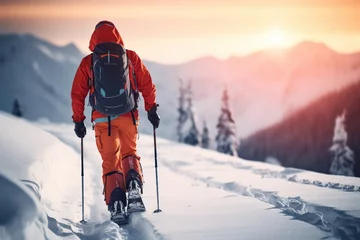 Rolgordijnen Mountaineer backcountry ski walking in the mountains. Adventure winter extreme sport. Detail boots. ai generative © Vilaysack