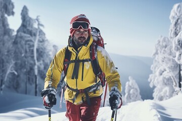 Mountaineer backcountry ski walking in the mountains. Adventure winter extreme sport. Detail boots. ai generative