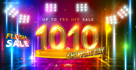 10.10 Shopping day Poster or banner with product podium scene and spotlight background. 10.10 Flash sale banner. Ten October sales. Advertise on social media sites and online shopping. Vector EPS10.