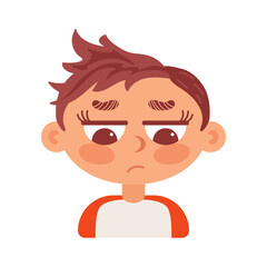 Obraz premium Cute brunette boy sad. In cartoon style. Human emotions, Psychological health, Welness.