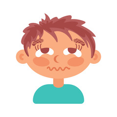 Shaggy brunette boy disgusted. In cartoon style. Human emotions. Psychological health, Welness