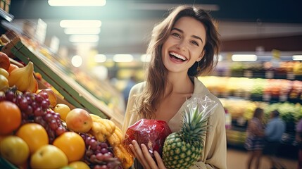 woman buying fruit at the supermarket Grocery shopping.