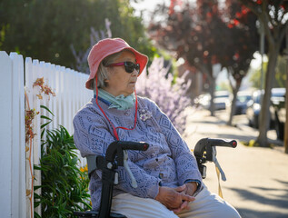 Senior woman sitting on a mobility walker and taking a rest by the fence on the sidewalk.