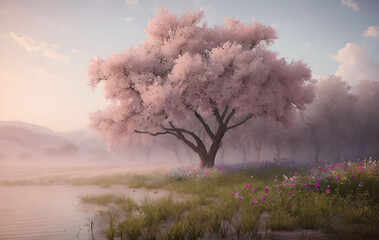 Fantasy fairy-tale landscape in pink tones, trees, flowers, grass, Generative AI