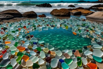 A mesmerizing glass beach with crystal clear waters gently lapping at the shore
