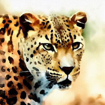 Watercolor style painting of a cheetah leopard on the African savannah. Created with Ai.