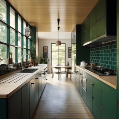 Minimalistic modern kitchen, wood white oak countertops. Generated AI - obrazy, fototapety, plakaty